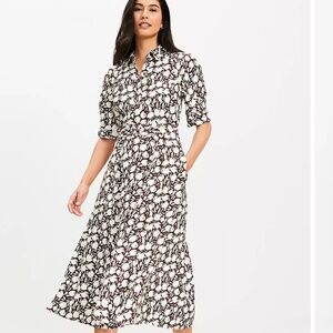Loft Tulip Belted Midi Pocket Dress, Brown and cream
